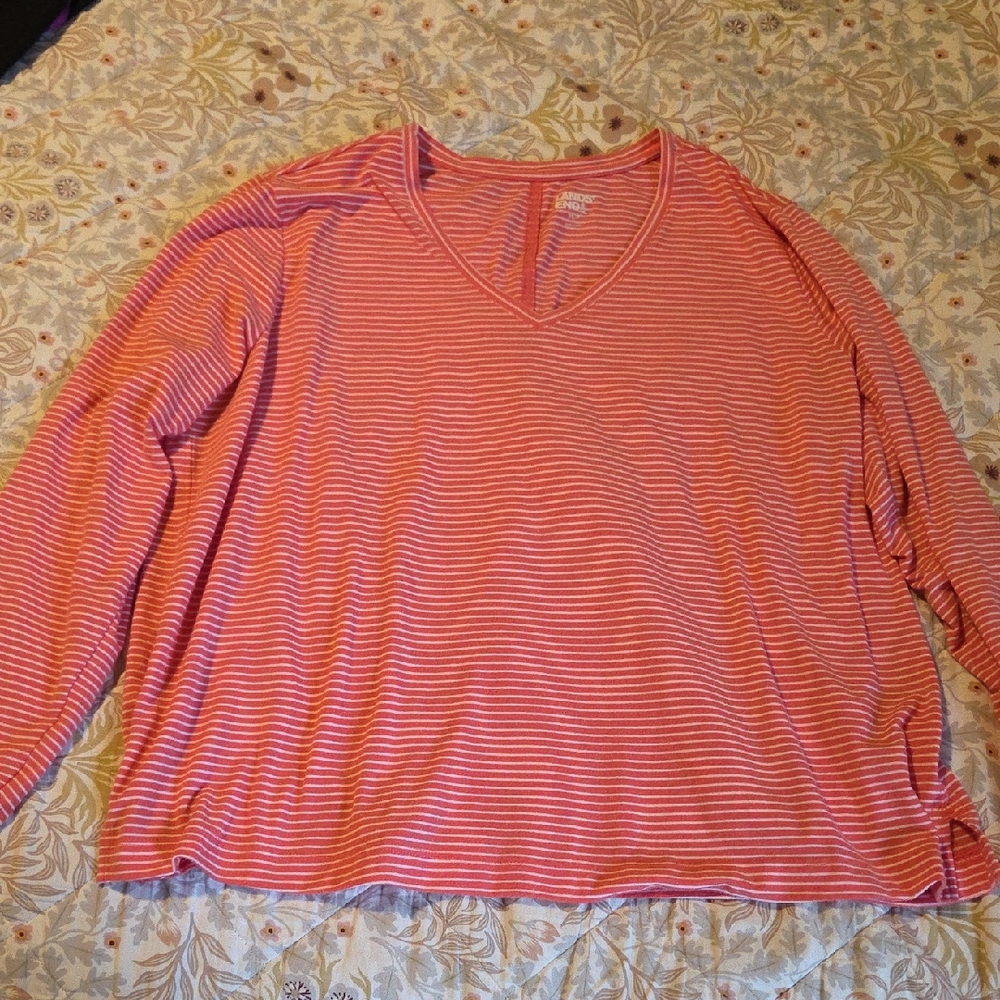 Lands' End Coral Striped V-Neck Long Sleeve Tee
